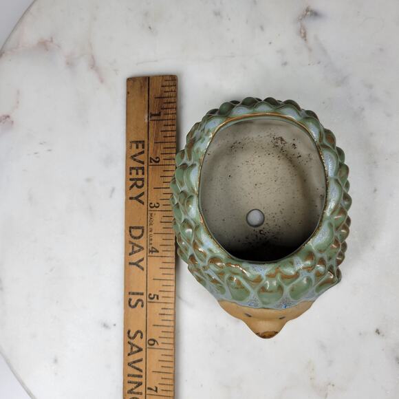 Retro Hedgehog Planter Small 2.5" Green Ceramic Flower Cactus Succulent Pot - Picture 9 of 14